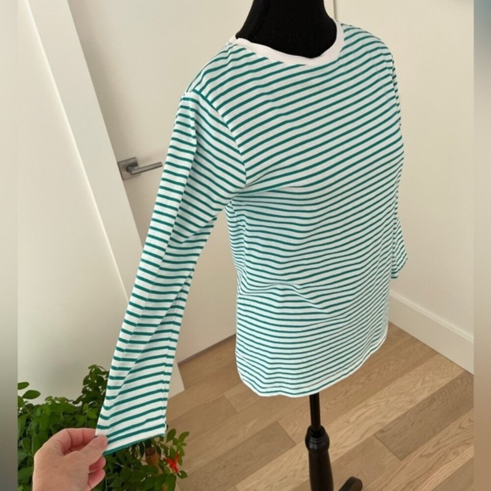 DUNNES STORES Green White Striped Cotton Blend 3/4 Sleeve T-Shirt Casual Basic